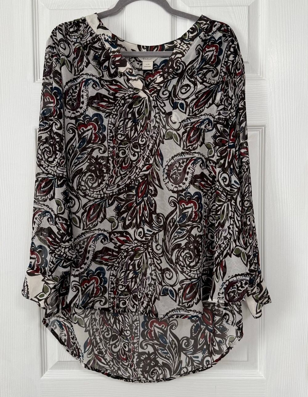 Ariat Women's Floral Paisley Sheer Hi-Low Hem Blouse Size Large